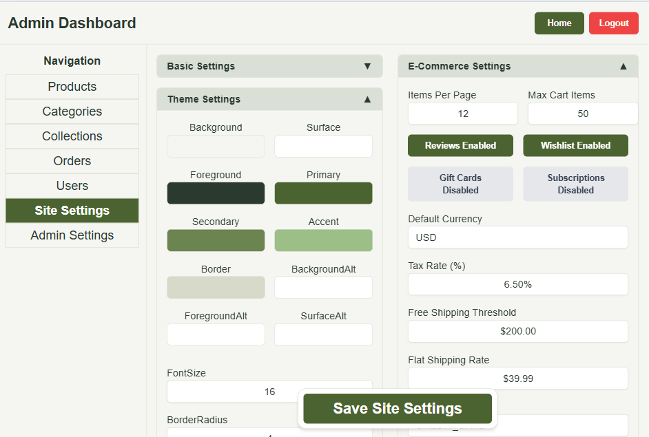 Admin dashboard site settings