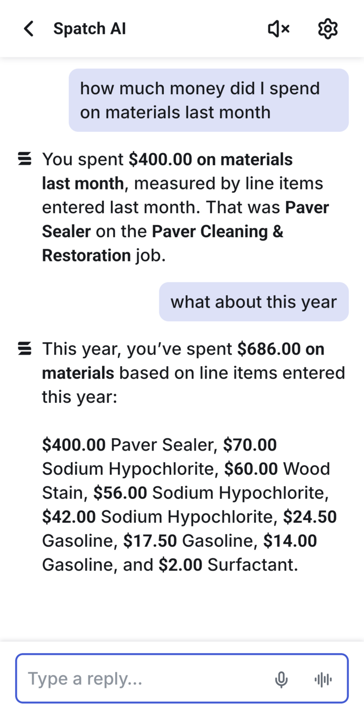 Spatch AI totaling materials spending, with a follow-up question