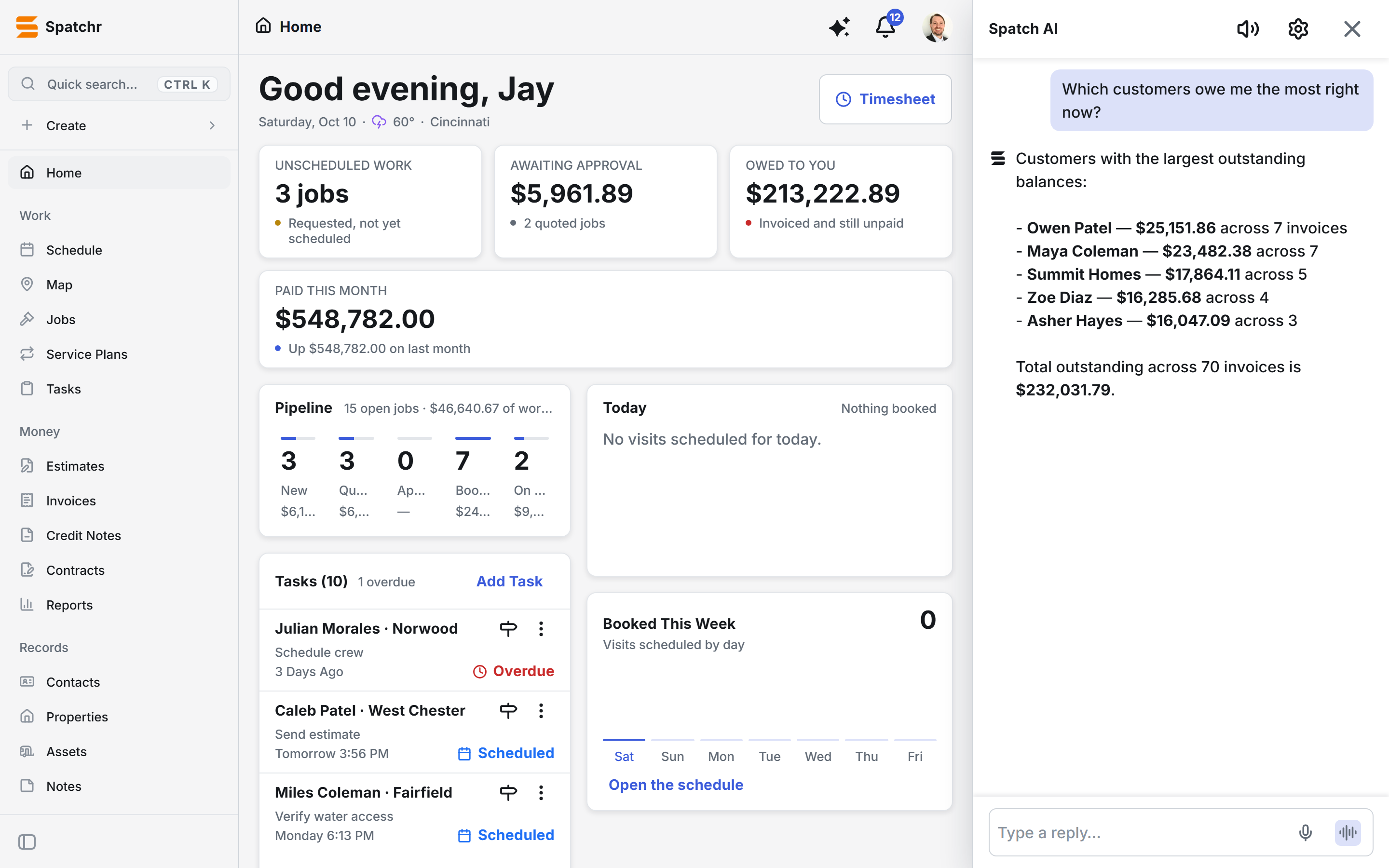 Spatch AI answering which customers owe the most