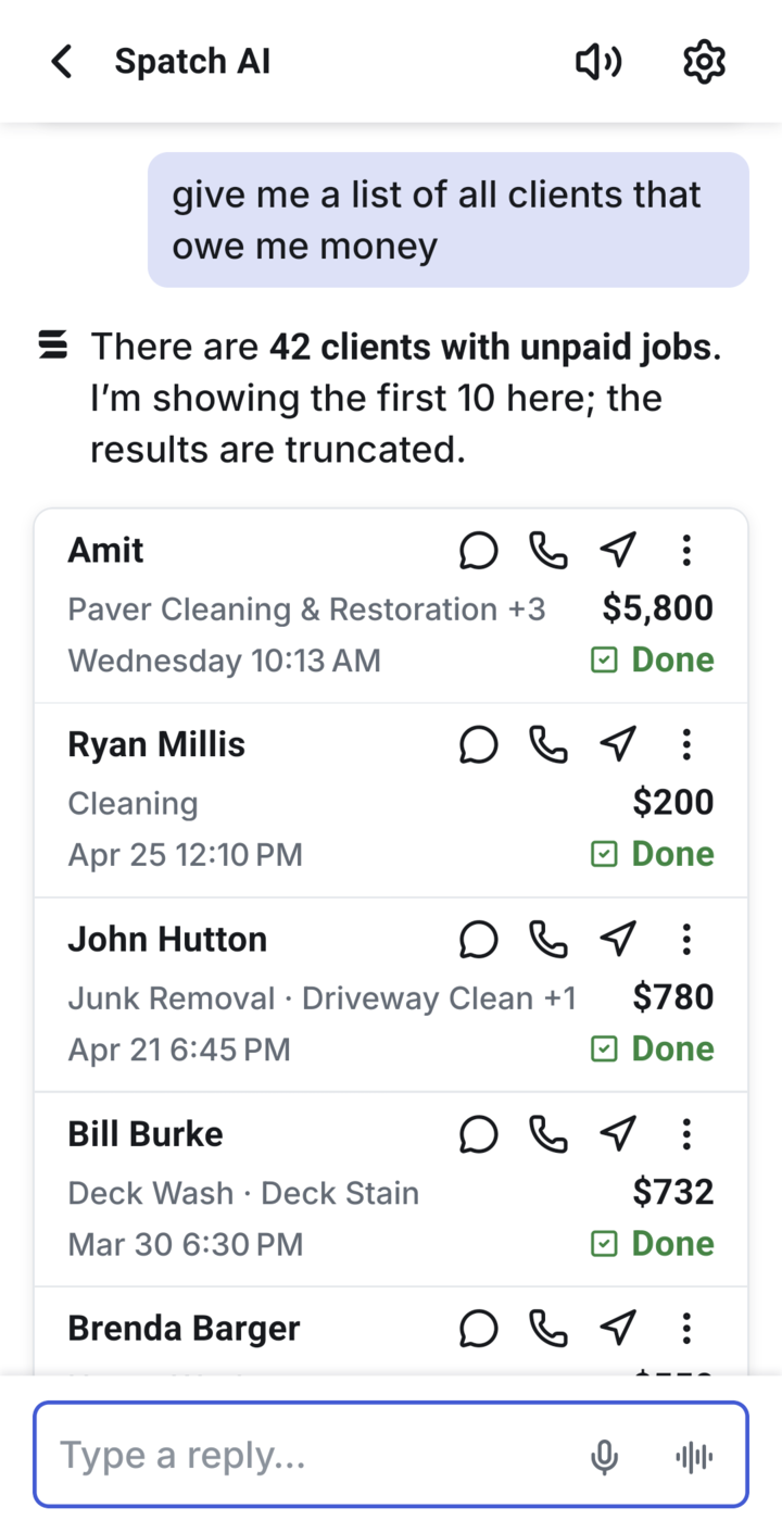 Spatch AI listing the clients who owe money