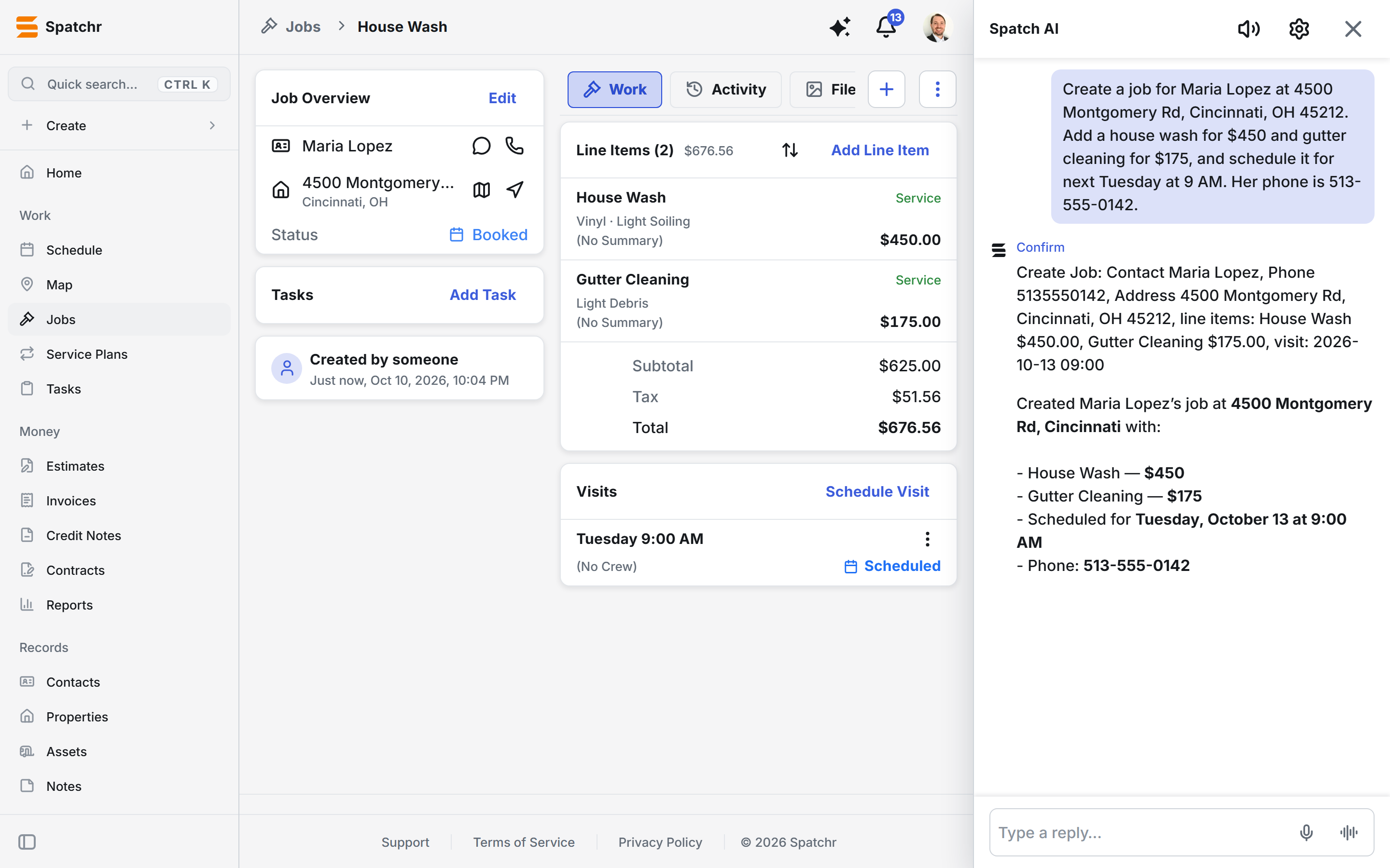A job Spatch AI created on the web, with the conversation beside it