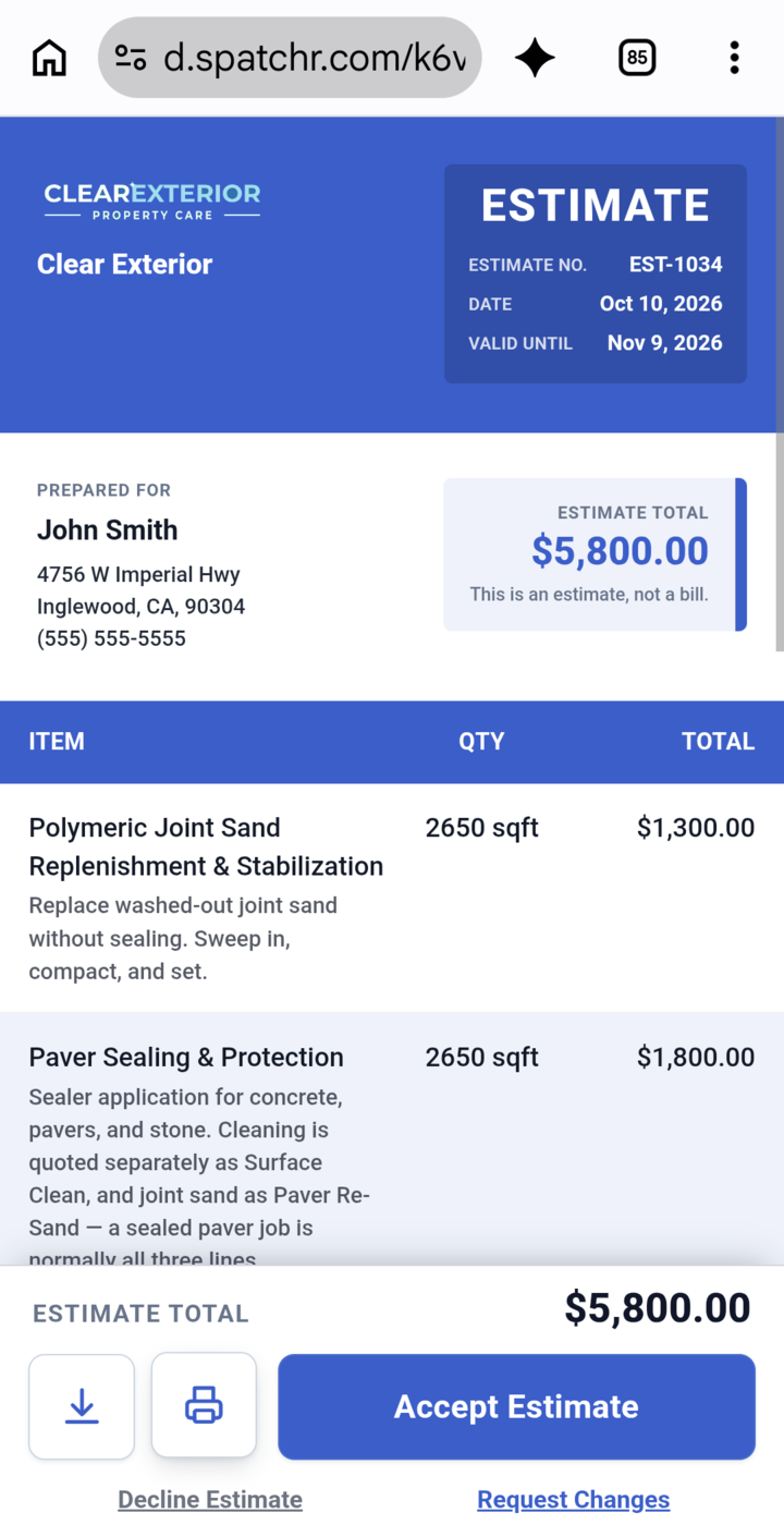The customer's estimate link on a phone, with Accept, Decline and Request Changes