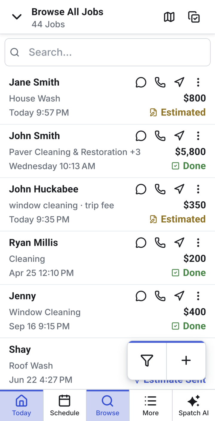 Jobs as cards with call, text and directions on a phone