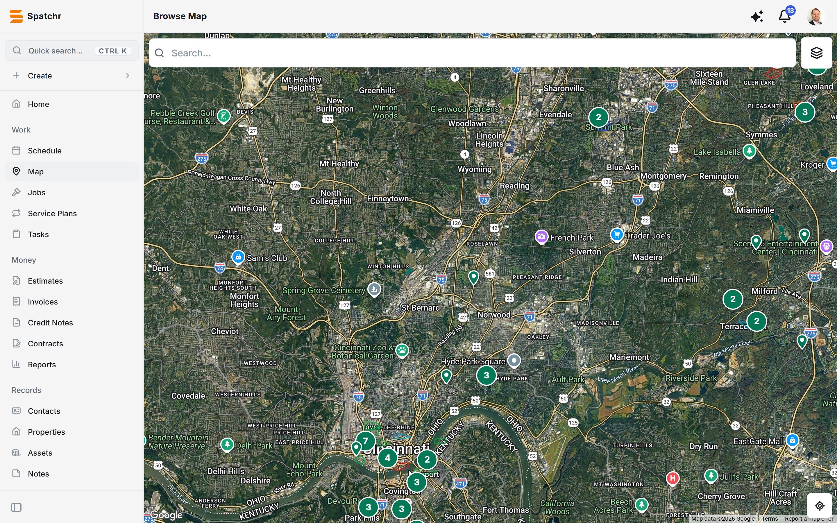 Jobs on a satellite map