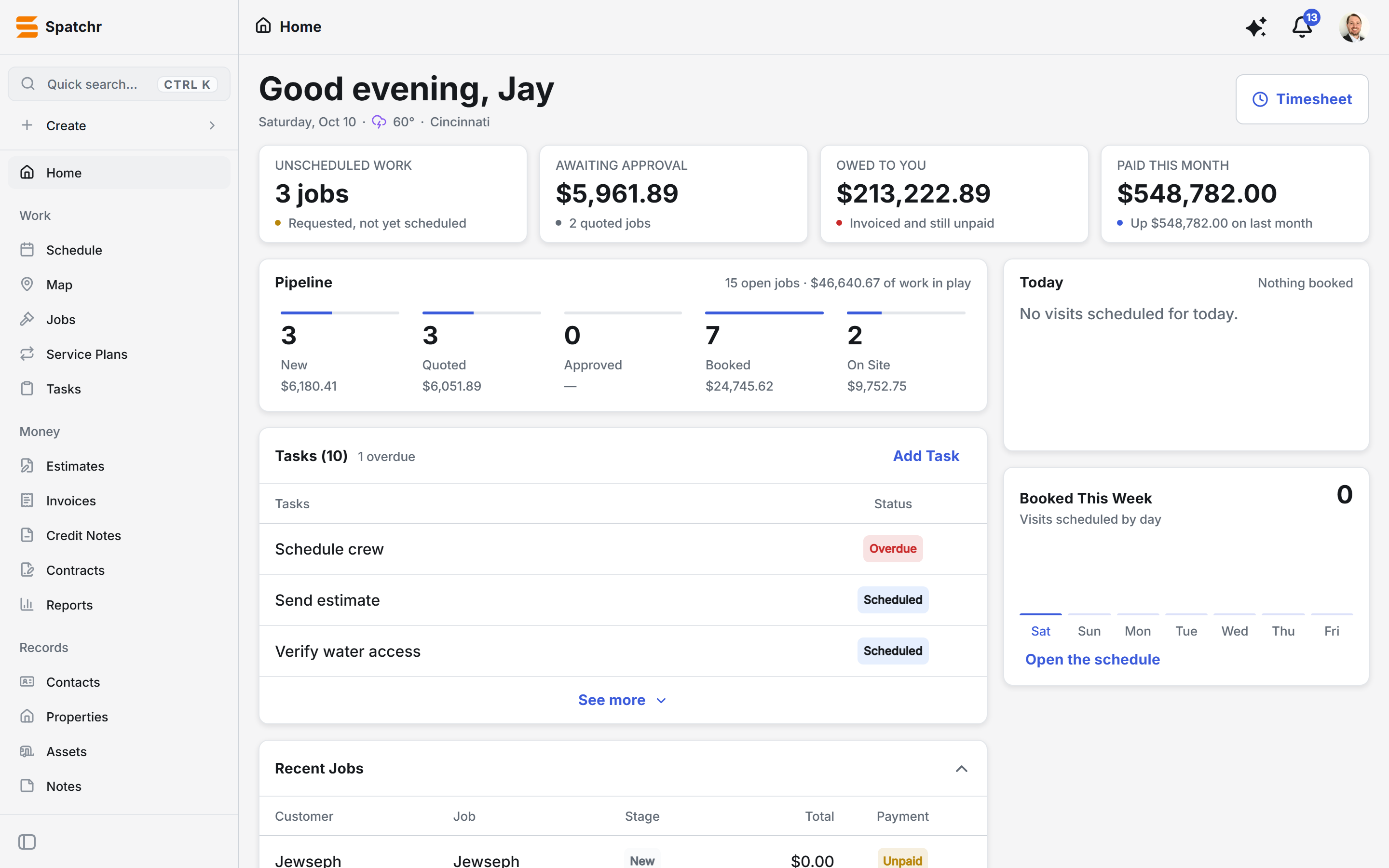 Spatchr home dashboard on the web